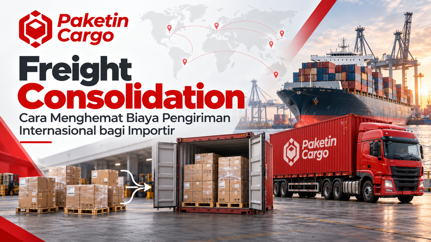 Ilustrasi freight consolidation yang memperlihatkan proses penggabungan beberapa pengiriman dalam satu kontainer untuk meningkatkan efisiensi biaya logistik internasional oleh Paketin Cargo.