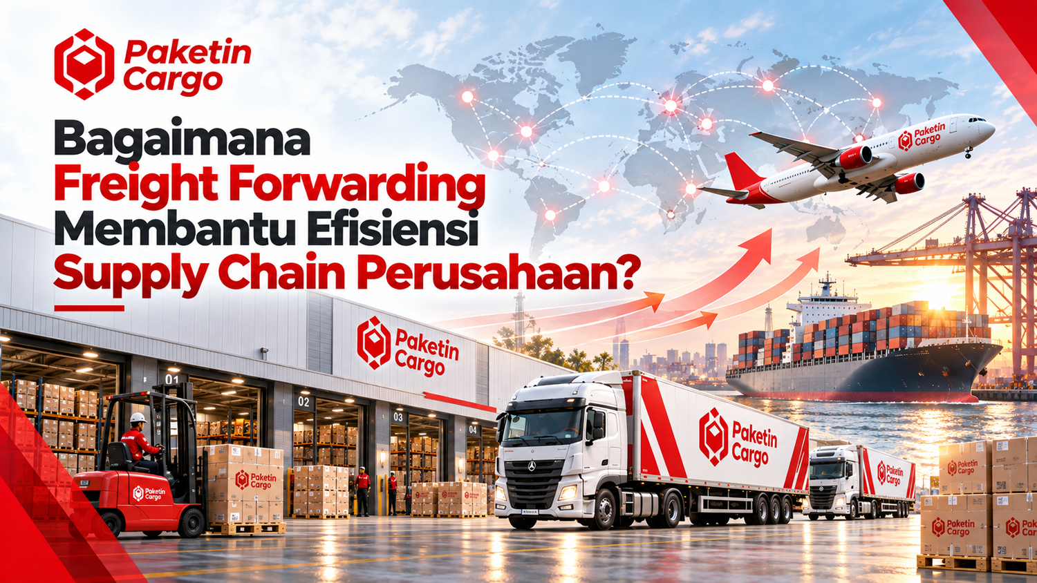 Ilustrasi freight forwarding yang mendukung efisiensi supply chain perusahaan melalui koordinasi distribusi, transportasi, pergudangan, dan pengiriman barang secara terintegrasi oleh Paketin Cargo.