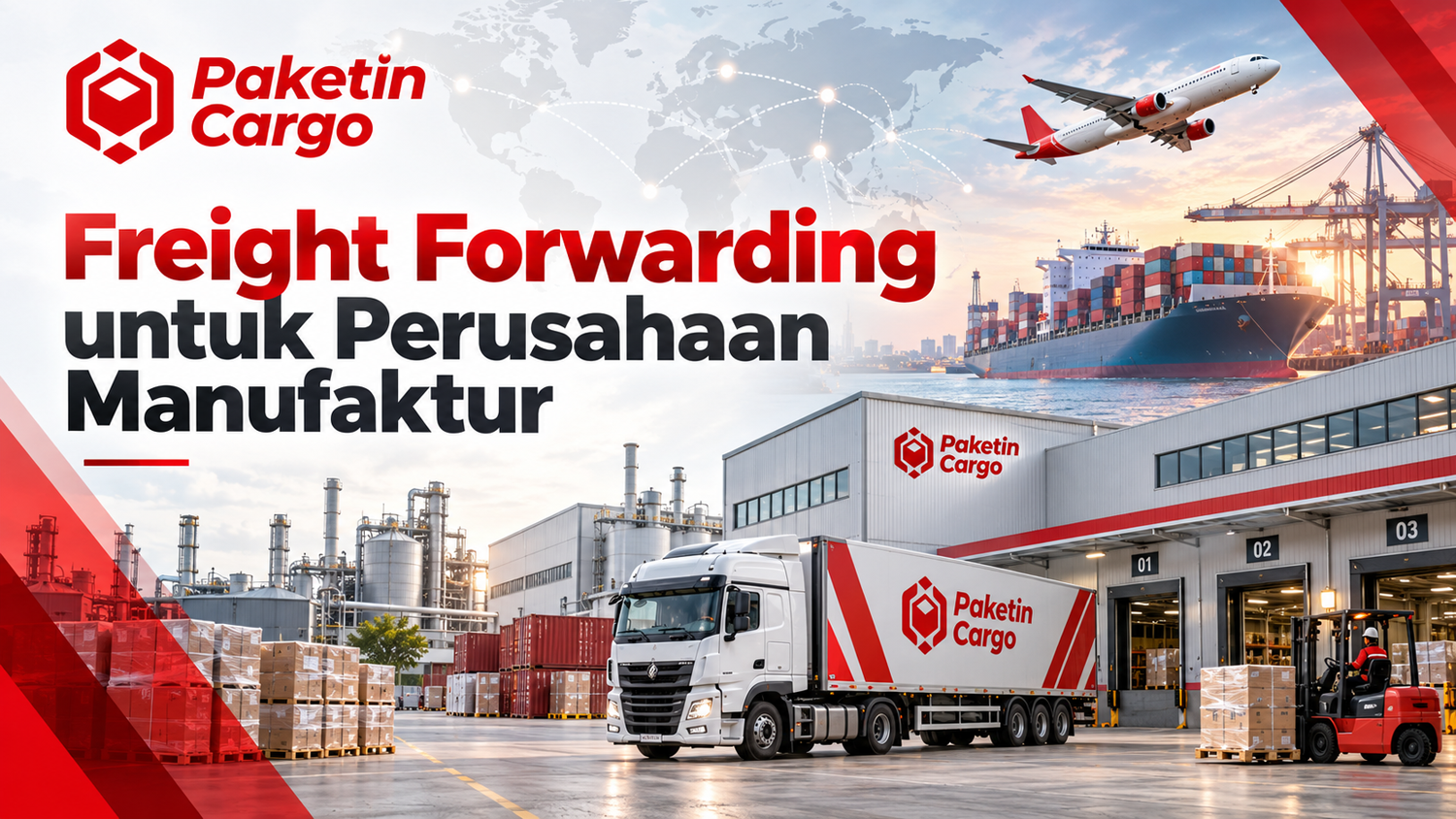Ilustrasi freight forwarding untuk perusahaan manufaktur yang menampilkan proses distribusi bahan baku, komponen produksi, dan produk jadi melalui jaringan logistik terintegrasi oleh Paketin Cargo.