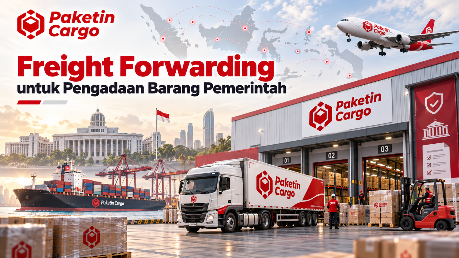 Ilustrasi freight forwarding untuk pengadaan barang pemerintah yang menampilkan distribusi alat kesehatan, material proyek, dan perlengkapan instansi pemerintah ke berbagai wilayah Indonesia menggunakan layanan logistik Paketin Cargo.