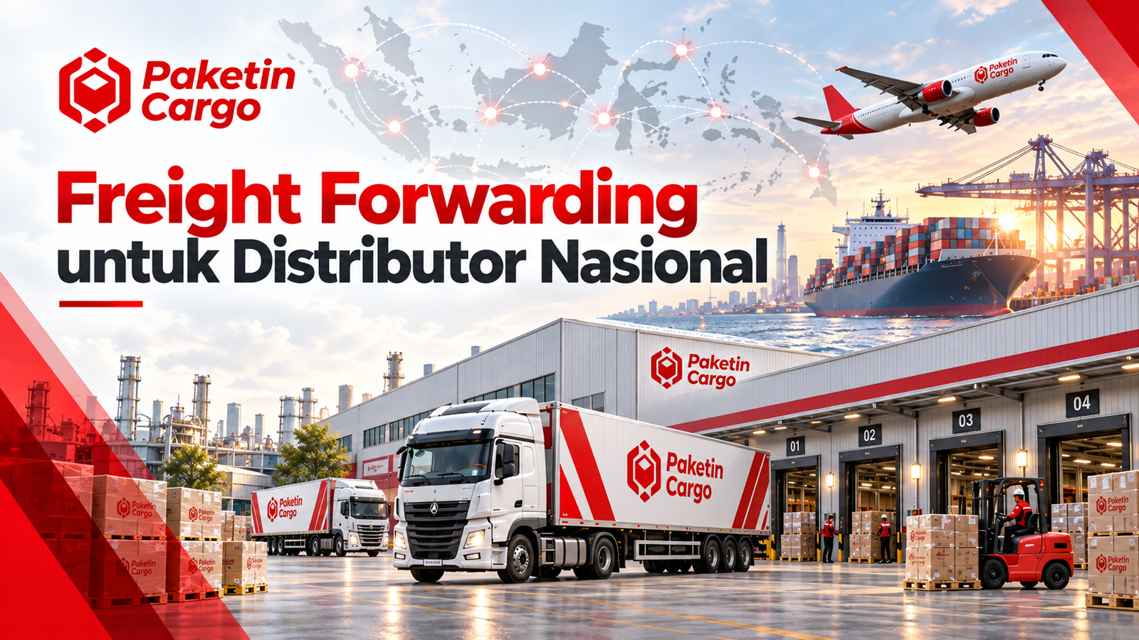 Ilustrasi freight forwarding untuk distributor nasional yang memperlihatkan distribusi barang dari gudang pusat ke gudang regional, dealer, reseller, dan pelanggan bisnis melalui jaringan logistik Paketin Cargo.